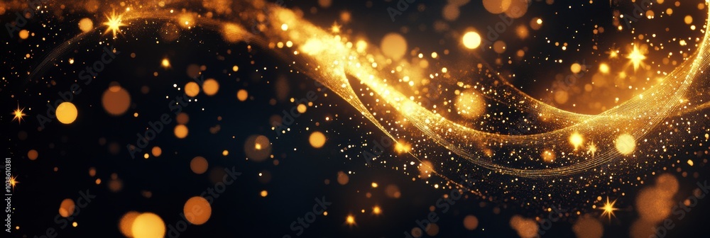 Poster Golden spirals and shimmering stars intertwine beautifully on a dark background, evoking a festive and abstract holiday spirit. Generative AI