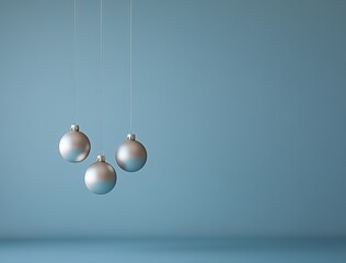 hanging Christmas tree decorations on blue background. Merry Christmas and Happy New Year