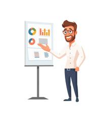 A smiling businessman giving a presentation, standing next to a chart with data and graphs. The image represents leadership, communication, and the sharing of ideas in a corporate setting.