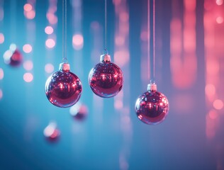 Fototapeta premium hanging Christmas tree decorations on blue background. Merry Christmas and Happy New Year