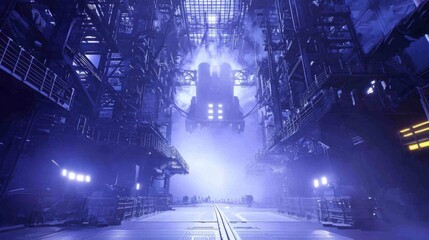 Futuristic Spaceship Launchpad with Ground Crew in Ray Tracing Illustration