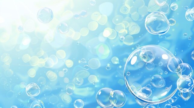 Colse - up blue background with floating deep sea underwater bubbles
