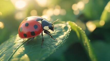 A tiny red ladybug with black spots sits on a green leaf. The picture shows every detail of the ladybug, taken up close with a special camera.