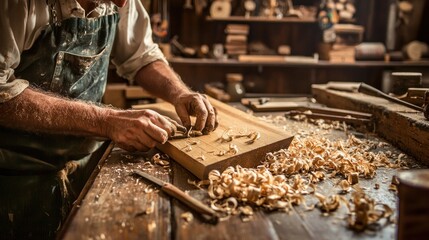 A craftsman hand-sanding a piece of wooden furniture, with shavings and tools spread across the workshop bench.