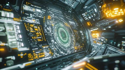 Obraz premium Futuristic Spaceship Control Panel with Holographic Projections and Interactive Interfaces in Sci-Fi Ray Tracing Illustration