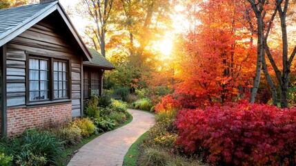 Beautiful autumn garden scene, wooden house with brick elements, a pathway winding through colorful trees, glowing sunlight shining through red and orange foliage