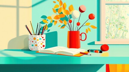 New Year 2025, writing down resolutions and goals in a journal, peaceful morning light, flat design illustration
