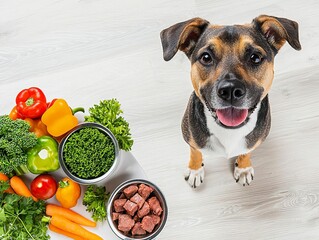 Dog eagerly waiting by a bowl of raw beef and vegetables, showing the excitement and wellness benefits of a raw diet raw dog food, wellness, eager dog