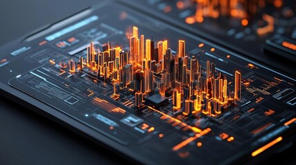 Financial market collapse visualized as a burning abstract city, glowing data points on a futuristic tech board