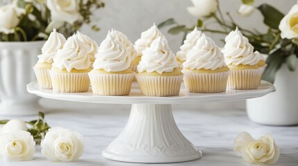 A white cake stand holds sweet cupcakes, also white.