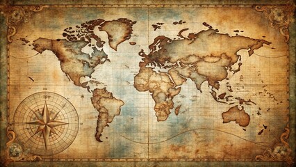 Obraz premium A Vintage World Map with a Compass Rose in the Corner, Indicating a Journey of Exploration and Discovery