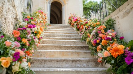 Beautiful flowers decorate the steps leading up to the church for a wedding ceremony.