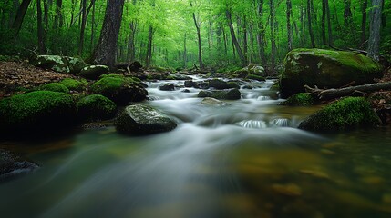 Obraz premium A peaceful woodland stream with crystal-clear water flowing over moss-covered rocks, surrounded by dense forest