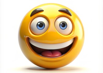 Fototapeta premium A 3D Classic Yellow Emoji With A Big Smile And Prominent Eyes Expressing Happiness, Friendliness, & Excitement