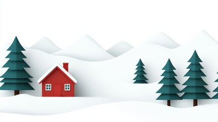 Snowcovered landscape with a cozy cabin, pine trees dusted in white, peaceful winter scene, flat design illustration