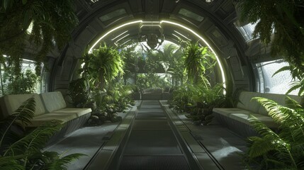 Futuristic Sci-Fi Spaceship Garden with Alien Flora and Cozy Seating Area in Ray Tracing Illustration