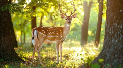 Fototapeta premium A majestic deer standing gracefully in a sunlit forest, surrounded by trees and greenery, capturing nature's beauty