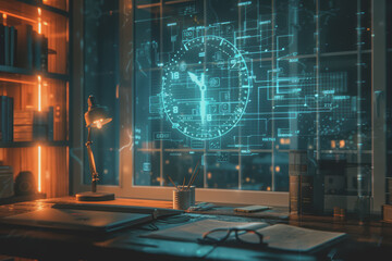 Obraz premium A holographic timetable floating above a desk with dynamic animations.