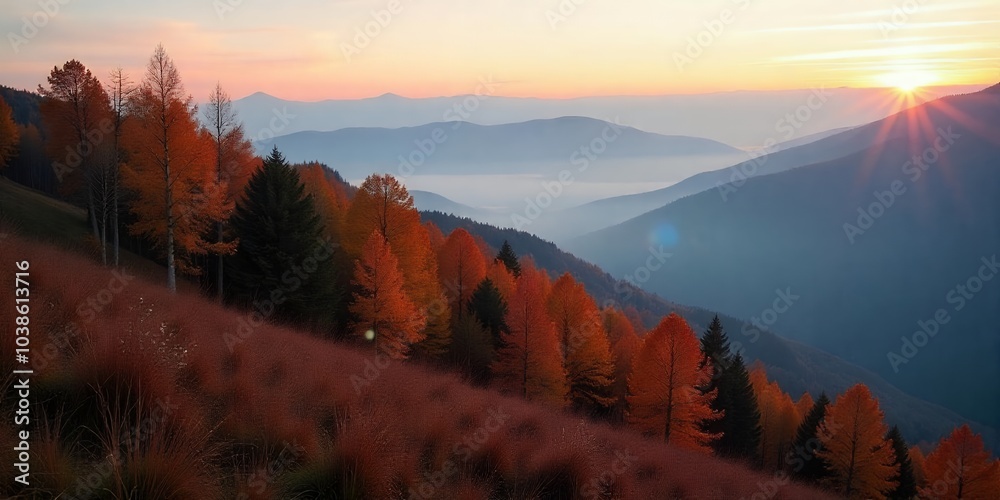 Sticker Autumn sunrise over a misty mountain range.