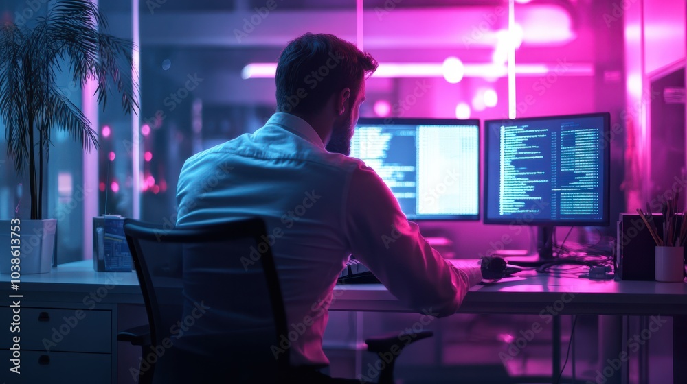 Poster a software developer at work. a man sits at a desk in a bright office and stares at computer screens