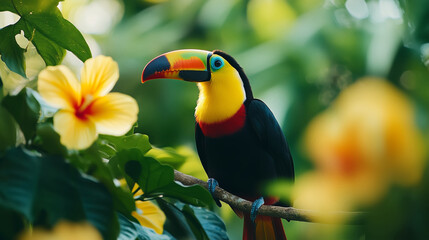 Obraz premium Toucan sits on a tree branch with vibrant yellow hibiscus flowers