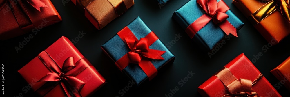 Poster A collection of saturated gift boxes with colorful bows is displayed, creating a cheerful atmosphere perfect for celebrations. Generative AI