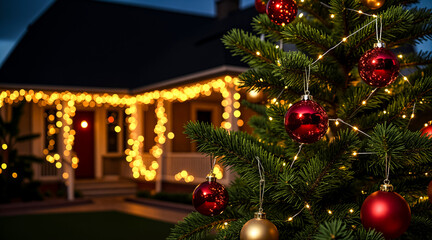 Christmas Lights and Red and Gold Ornaments Decorate a Christmas Tree in Front of a Cozy Home. Holiday Spirit, Warmth, Celebration, Winter.