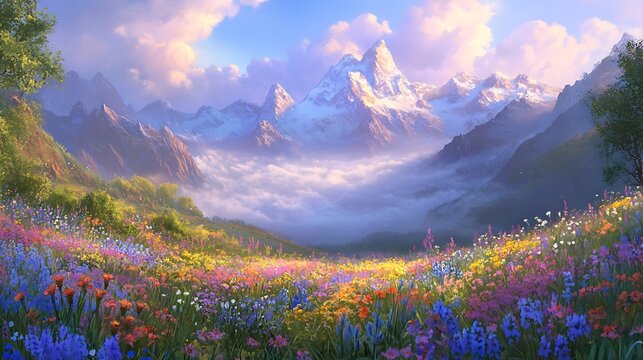 A serene alpine meadow at dawn, with wildflowers in full bloom, a gentle mist rising, and distant mountains glowing in the first light