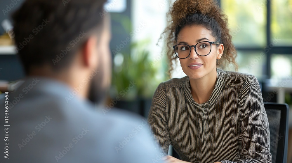 Poster Job interview in an HR office with the interviewer asking questions. 