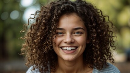  Joyful Expression with Natural Curls Against Blurred Green Background