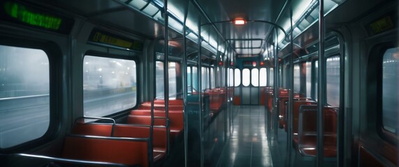 The image shows a train with empty seats and a red seat in the m