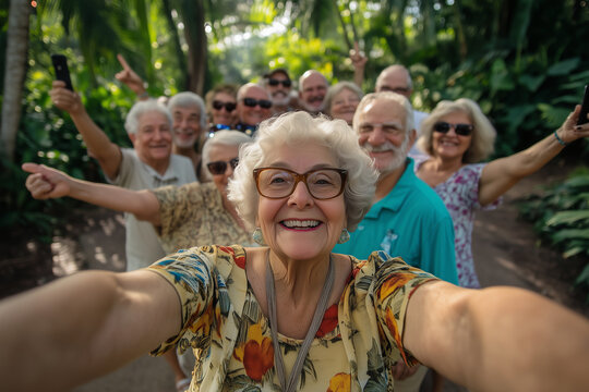 An elderly woman taking a selfie holding out both arms with a group of her elderly friends, men and women behind her, all smiling happily outdoors