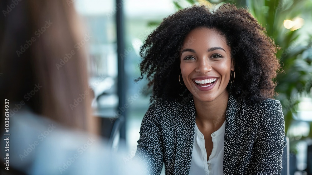 Poster hr manager smiling while conducting a successful job interview.