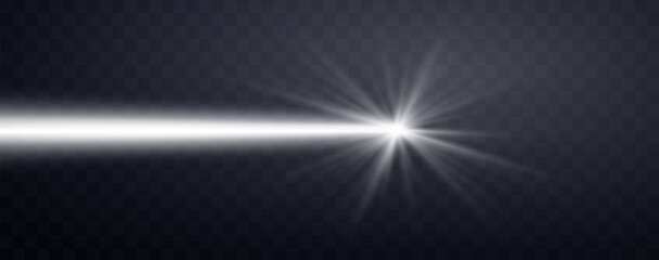 White horizontal laser beam. Neon line, presentation pointer. Silver glow flare light effect. Vector illustration. Isolated on transparent background.