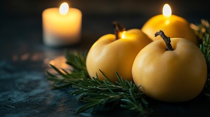 Fresh quince fruit lying on a bed of rosemary, displayed against a dark slate background with warm candlelight