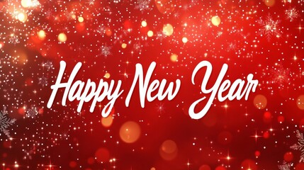 Large white letters spelling "Happy New Year" are written in a thin, flowing style against a blurry red Christmas background. The image is wider than it is tall.