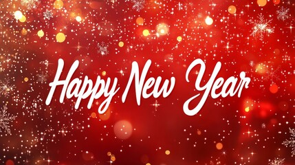 Large white letters spelling "Happy New Year" are written in a thin, flowing style against a blurry red Christmas background. The image is wider than it is tall.