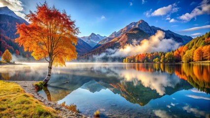 Fototapeta premium A lone tree stands sentinel amidst the vibrant hues of autumn foliage reflecting in the still waters of a tranquil mountain lake