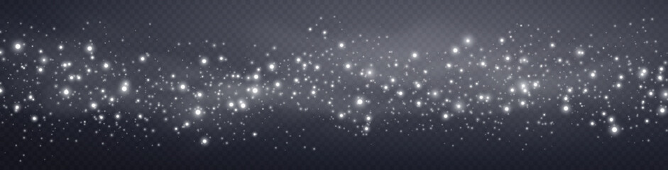 White glittering dots, particles, stars magic sparks. Glow flare light effect. Silver luminous points. Vector particles on transparent background.