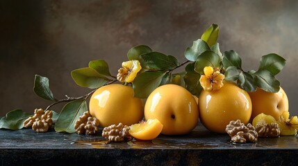 Golden quince with leaves attached, set against a deep charcoal backdrop with decorative walnuts and a honey drizzle