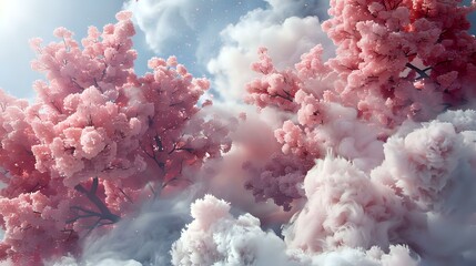 A serene landscape with pink trees amidst fluffy clouds, evoking tranquility and beauty.