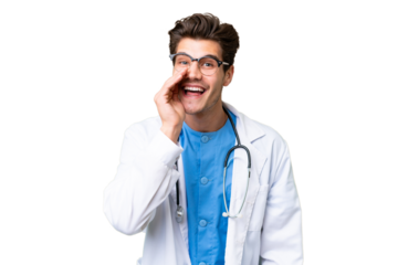 Young doctor man over isolated background shouting with mouth wide open
