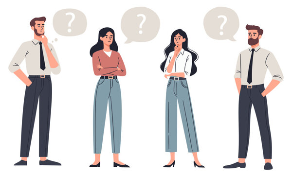 Set of flat vector illustrations. People, men and women in pensive poses, thinking over a question, speech bubble. Vector illustration