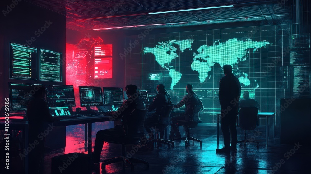 Poster ai cyber security concept. diverse it specialist team analyzing artificial intelligence online risk 