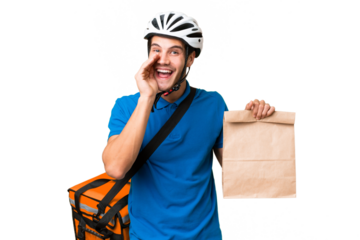 Young caucasian man taking a bag of takeaway food over isolated background shouting with mouth wide open