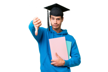 Young university graduate man over isolated background showing thumb down with negative expression