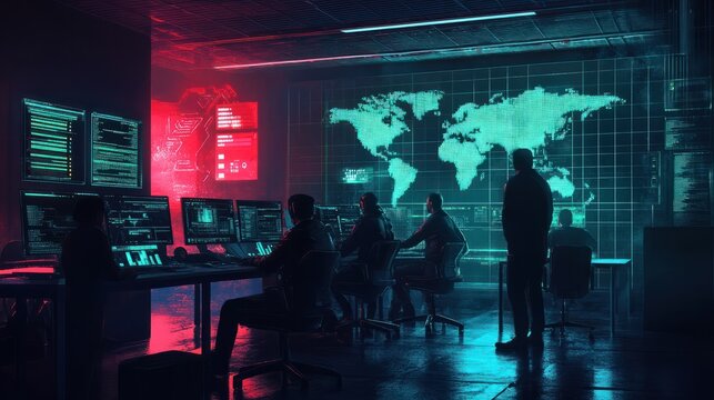 AI cyber security concept. Diverse IT specialist team analyzing artificial intelligence online risk threats to consumer data & privacy. Software developers coding & ethical hacking in dark office.