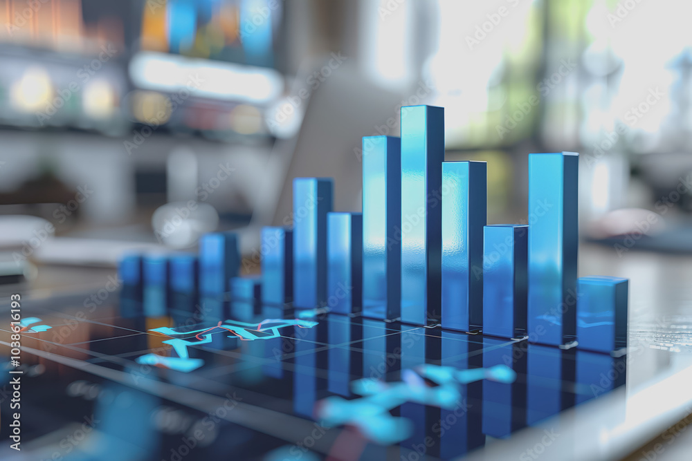 Sticker Evaluation insights, bar charts, blue and white, 3D rendering, informative and detailed.