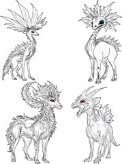 set of  four magical animals outlines isolated on white