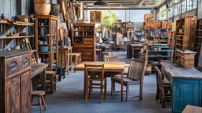A local furniture shop filled with unique pieces, including hand-crafted tables, chairs, and shelving units.